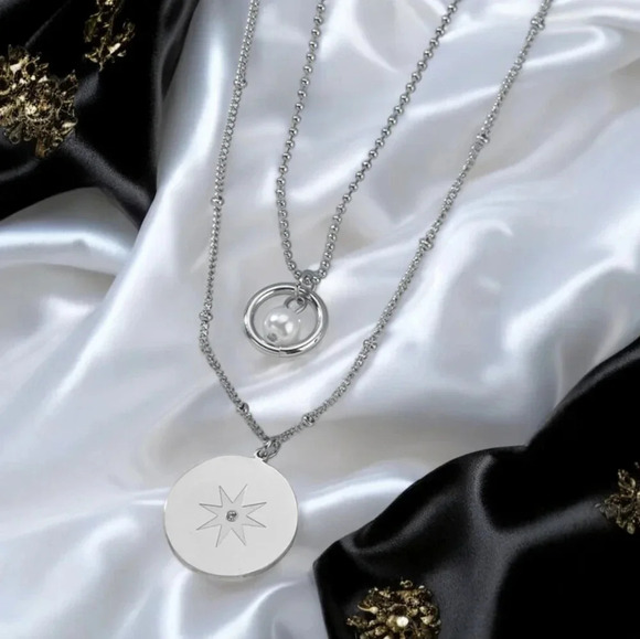 🆕️18K White Gold Plated Star Charm Minimalist Layered Necklace Dainty Pearl - Picture 9 of 13